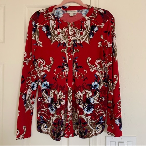 Dana Buchman Vintage y2k Inspired Red Floral Ornate Long Sleeve Blouse Small - Picture 2 of 8